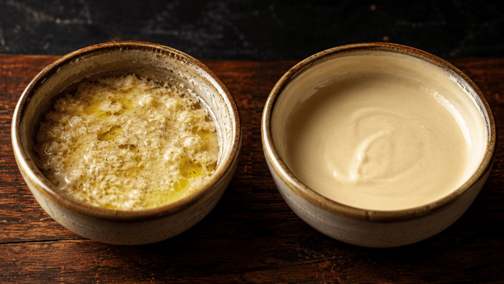 A broken cream sauce showing separation, next to a smooth, properly emulsified sauce. Natural warm lighting. No faces, no hands.