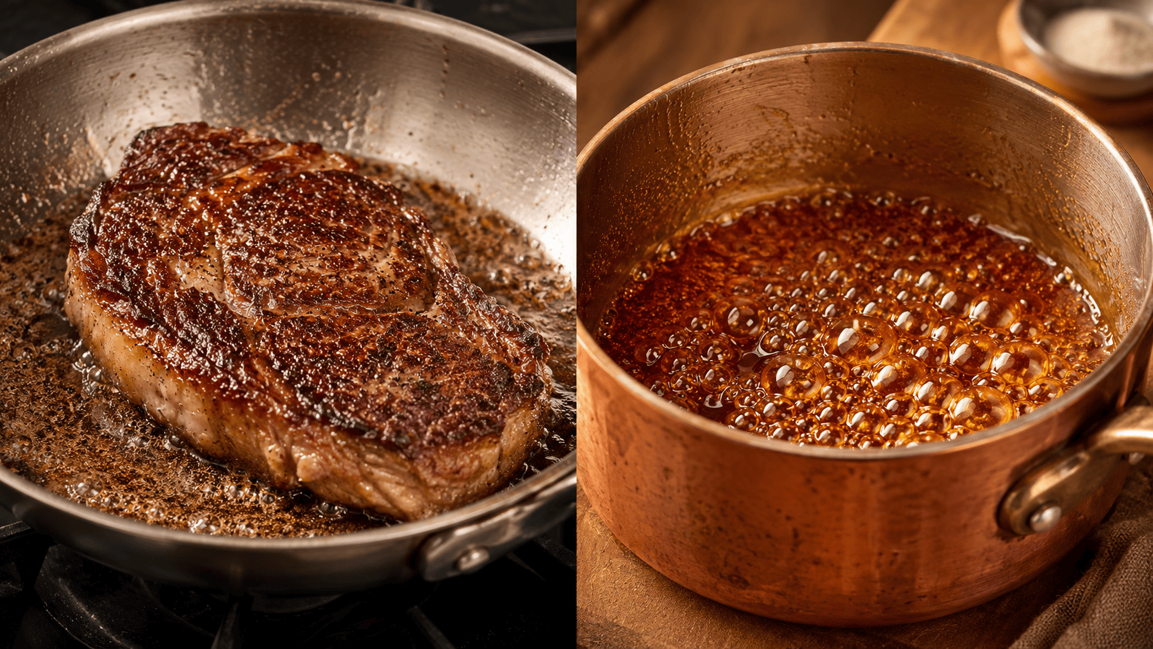 Split image: left side shows a seared steak with brown crust, right side shows caramelizing sugar in a pan. Natural warm kitchen lighting. No faces, no hands.