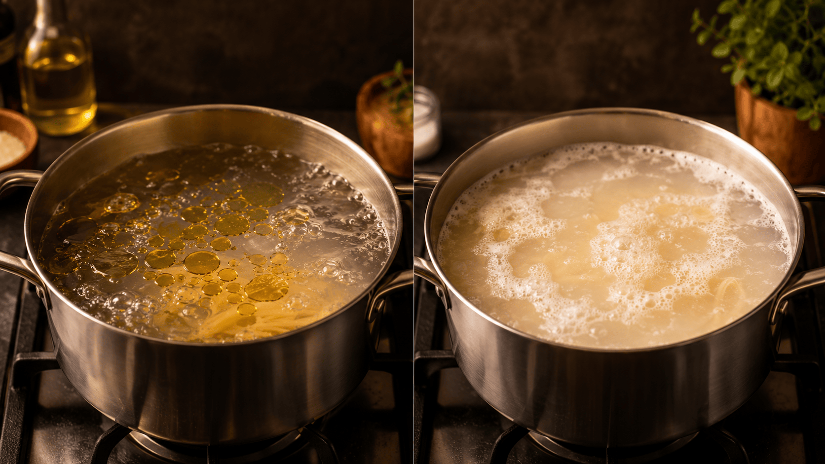 A pot of boiling pasta with cloudy starchy water, a ladle scooping some out. Natural warm lighting. No faces, no hands.
