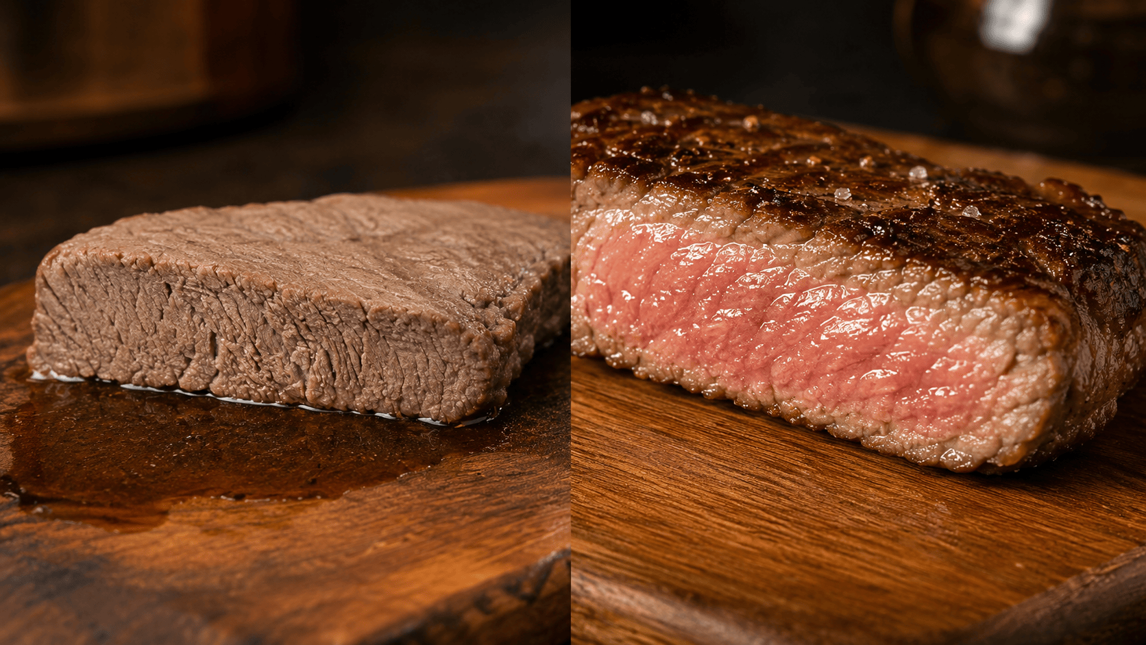 A salted steak resting on a rack, salt visibly dissolved into the surface. Natural warm lighting. No faces, no hands.
