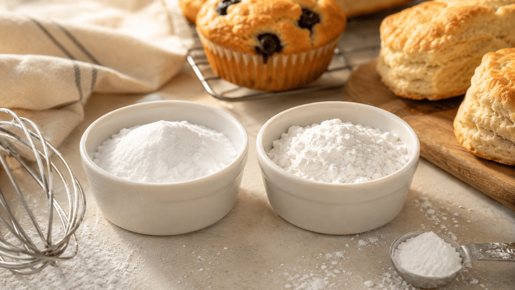 Two small white bowls side by side on a wooden surface, one filled with baking soda and one with baking powder. Natural warm lighting. No faces, no hands.