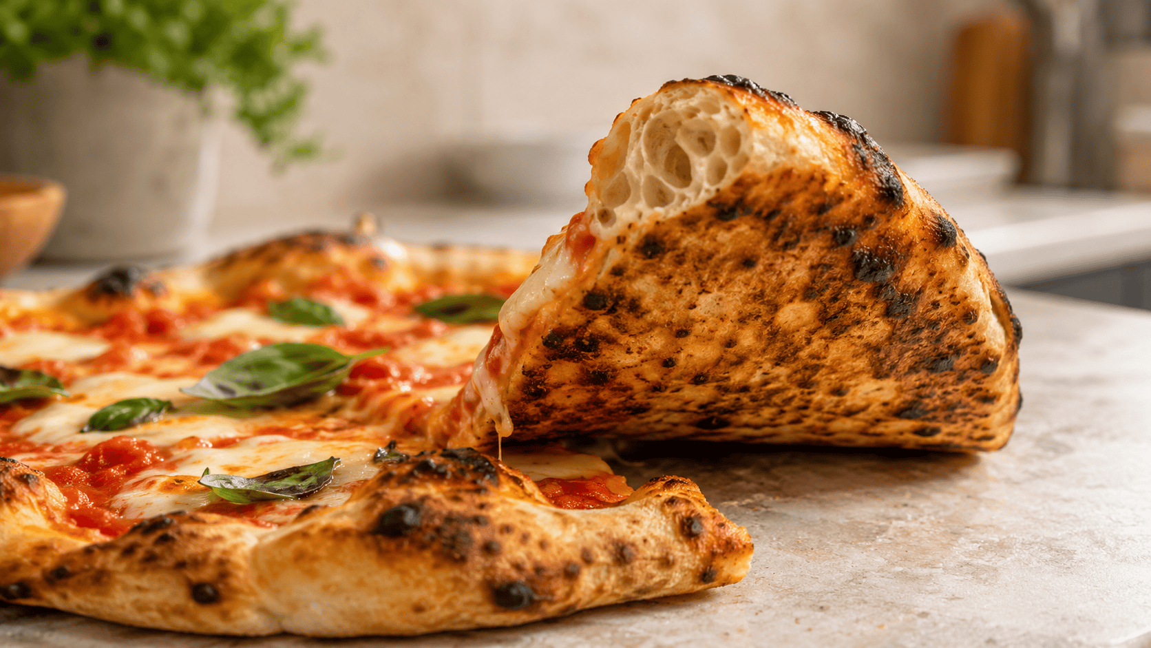 A golden-brown crispy pizza slice held perfectly horizontal on a dark surface, rigid with visible micro-blisters on the bottom crust and bubbling cheese at the edges.