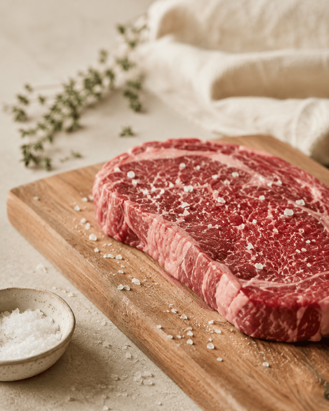 A raw steak on a wooden board, coarse salt crystals visible on the surface, natural light. No faces, no hands.