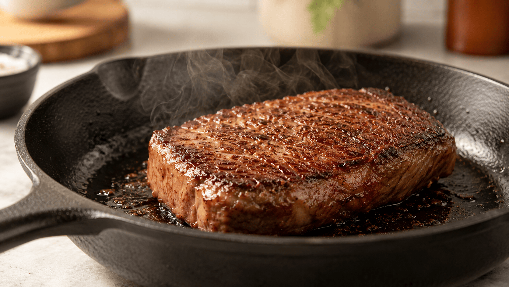 A deep brown crusted steak in a cast iron pan, sear marks visible, thin glaze of juices on top, steam rising gently. Warm natural kitchen lighting. No faces, no hands.
