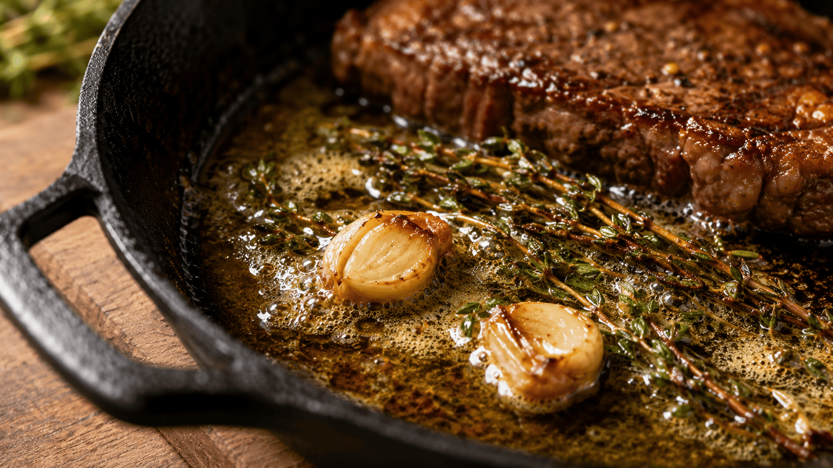 A cast iron pan tilted with golden butter pooling, smashed garlic cloves and thyme sprigs in the butter, a seared steak visible in the background. Natural warm kitchen lighting. No faces, no hands.