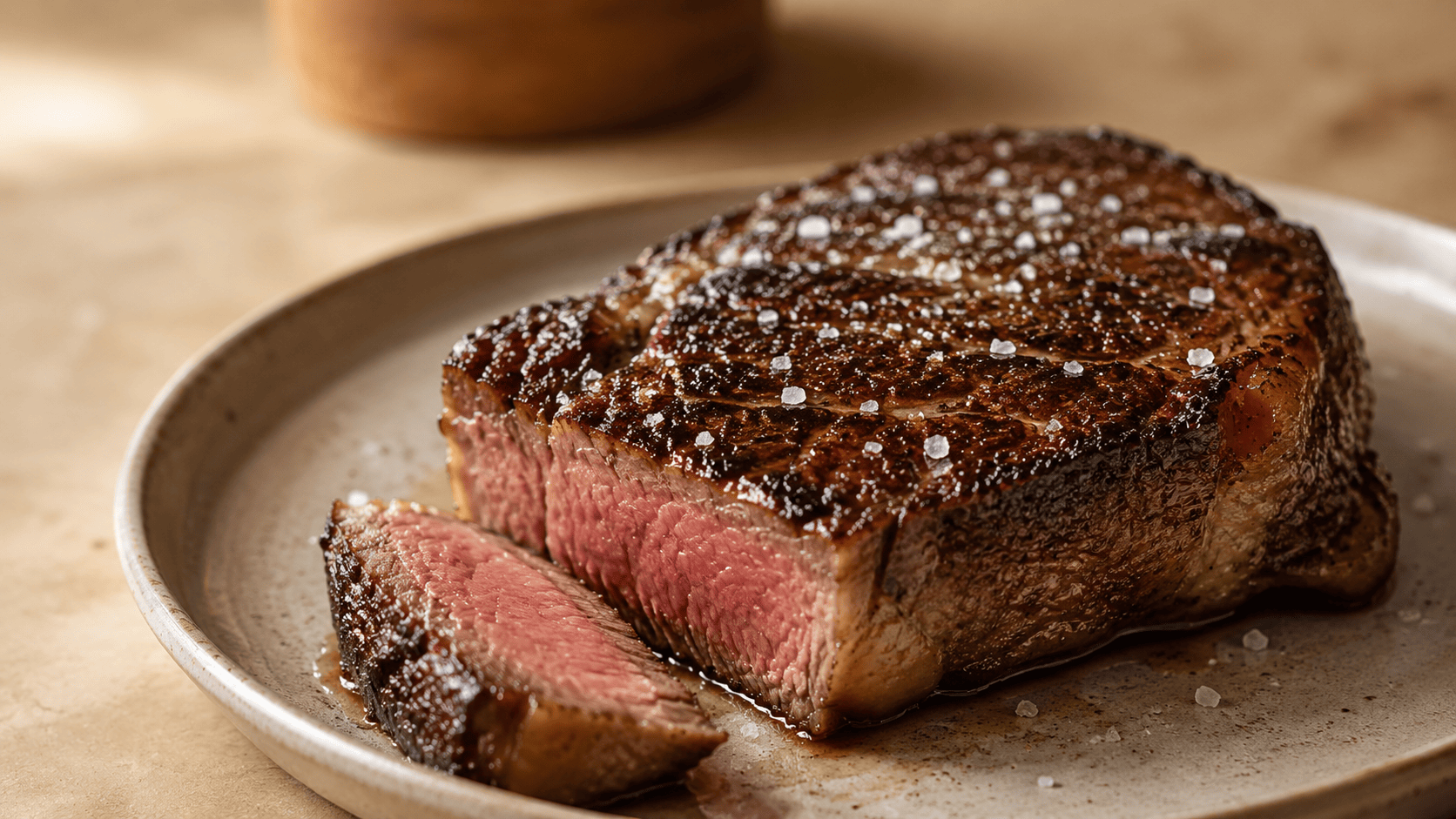 A raw steak on a wooden board, coarse salt crystals visible on the surface, natural warm light. No faces, no hands.