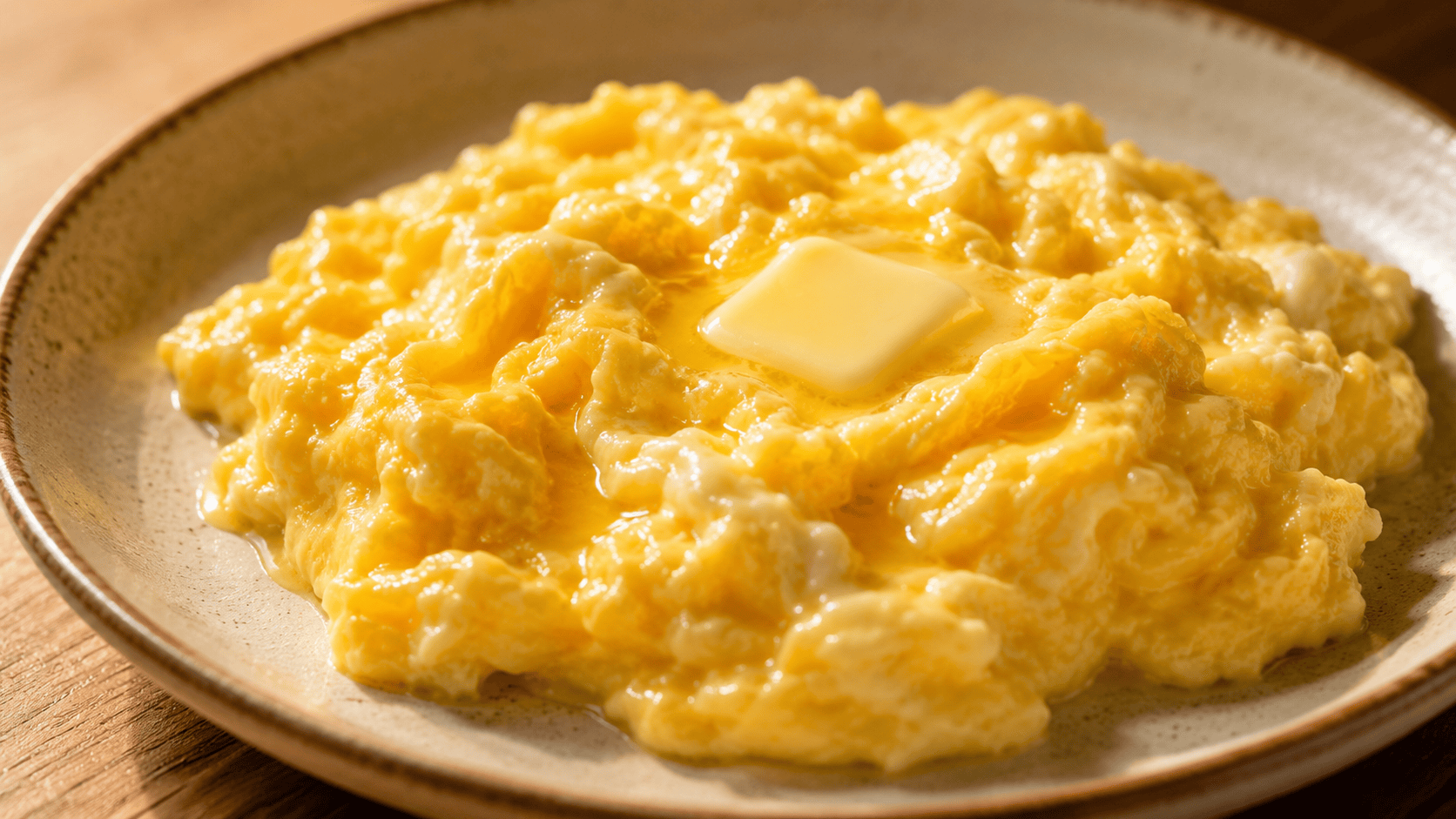 Creamy soft scrambled eggs on a warm plate, glossy curds visible, buttered toast in the background. Natural warm kitchen lighting. No faces, no hands.